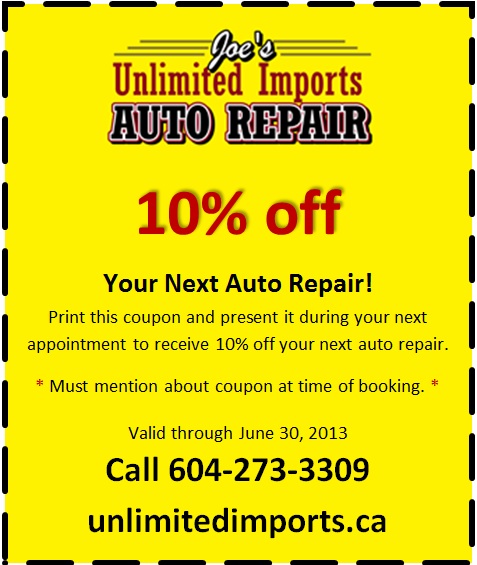 Coupon May-June 2013 | Joe's Unlimited Imports Auto Repair